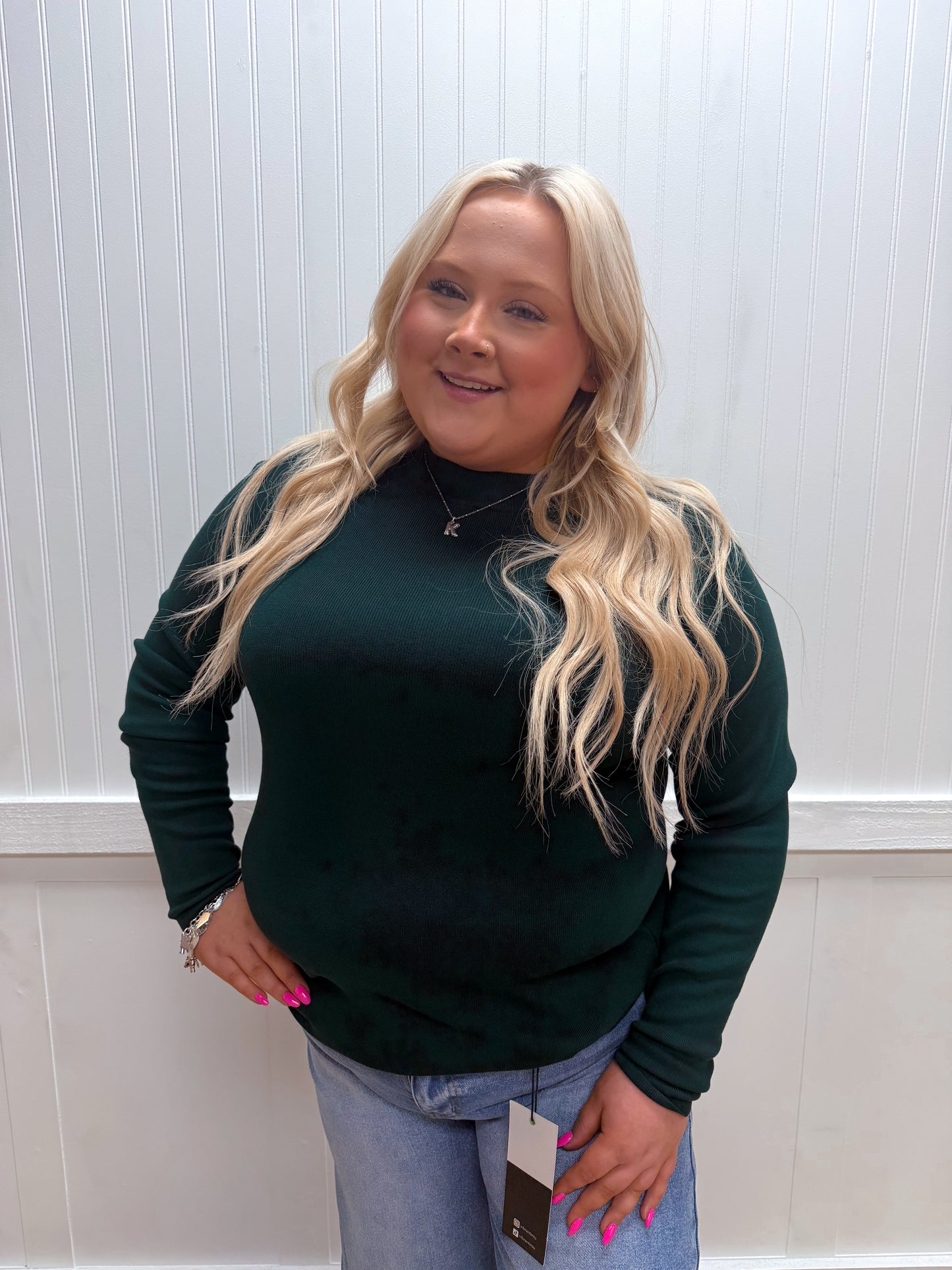 Lillian Mock Neck Long Sleeve Knit Sweater Top - Hunter Green - Plus-Sweater-blu pepper-02/10/26,03/02/26,BIN A 3,FD 12/09/24,FD 12/23/24,Tops Collection-The Twisted Chandelier