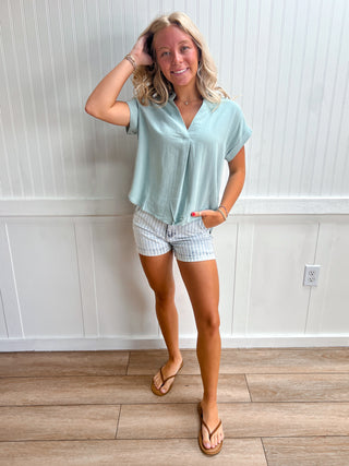 Quinn Collared Split Neck Cuff Sleeve U-Hem Linen Top-Top-Blu Pepper-FD 06/22/26,RWB,Tops Collection-The Twisted Chandelier