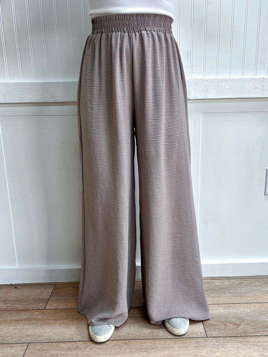 Wren Woven Airflow Elastic Waistband Pants - Ash Mocha-ZENANA-bottoms,FD 03/12/26-The Twisted Chandelier