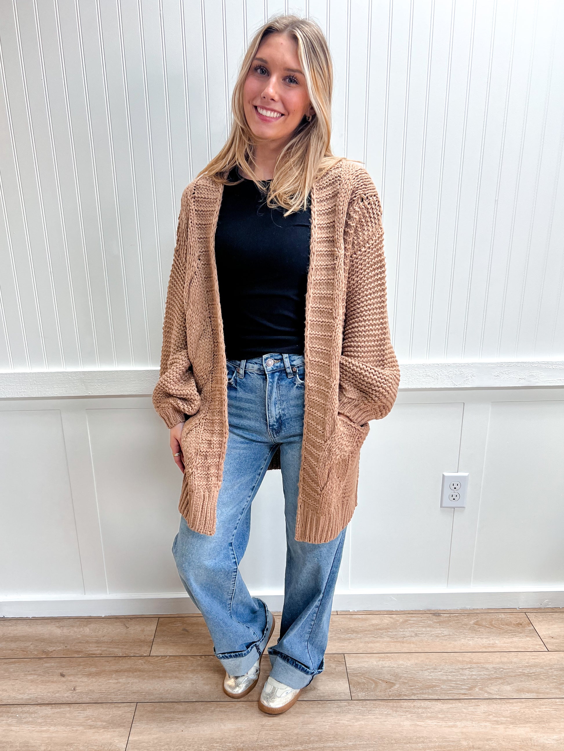 Camille Chunky Cable Lantern Sleeve Cardigan-Bluivy-The Twisted Chandelier