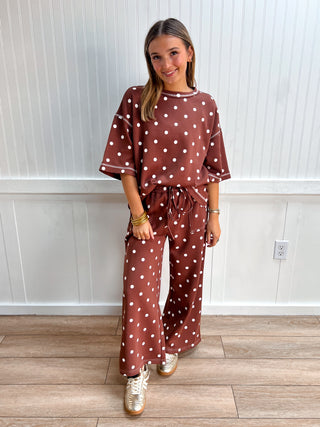 Pippa Heavy Scuba Polka Dot Short Sleeve Top - Brown/White