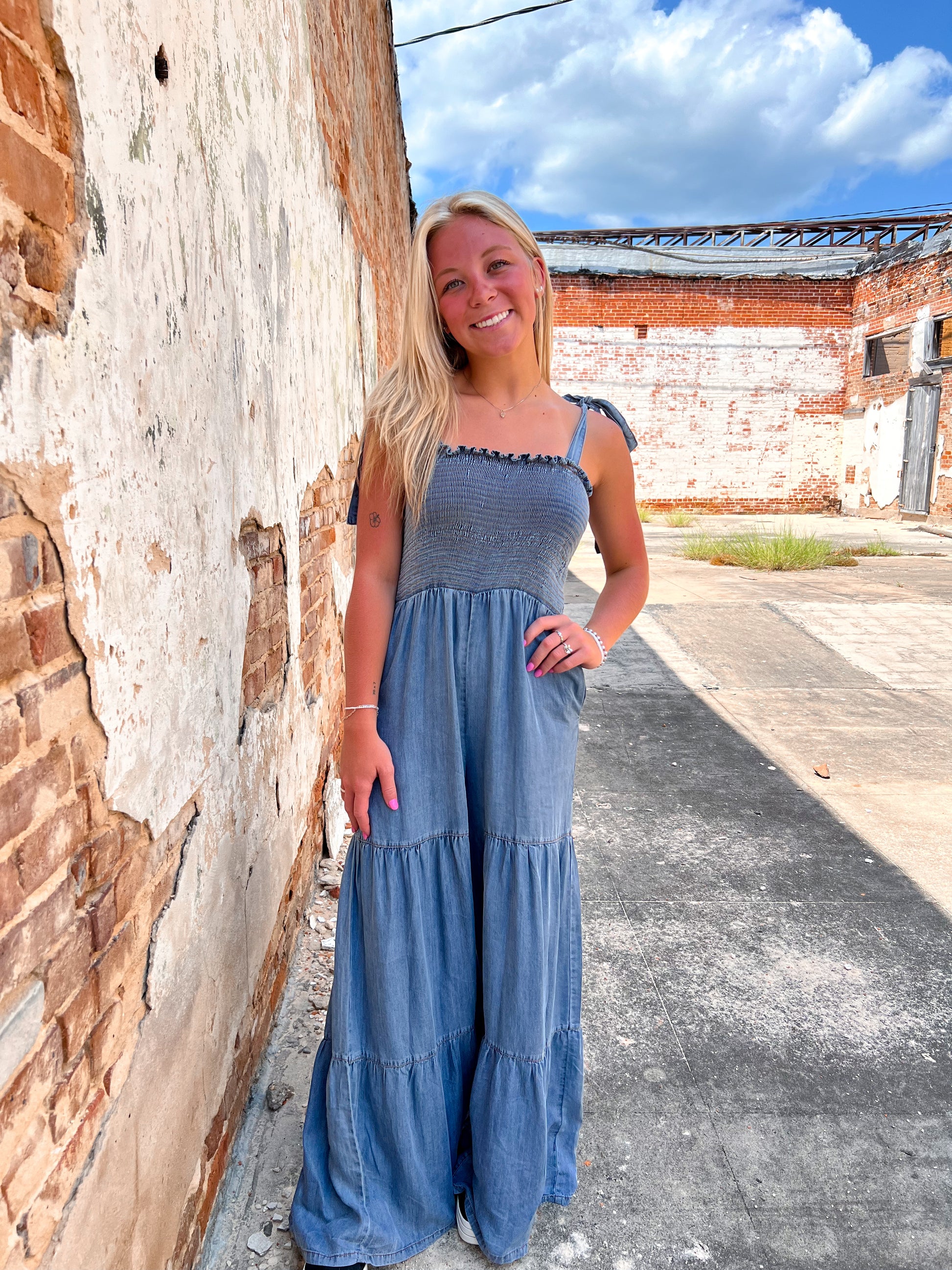 Claira Smocked Tie Shoulder Chambray Palazzo Wide Pant Jumpsuit-Romper-Entro-bin c3, CR 08/05/24-The Twisted Chandelier