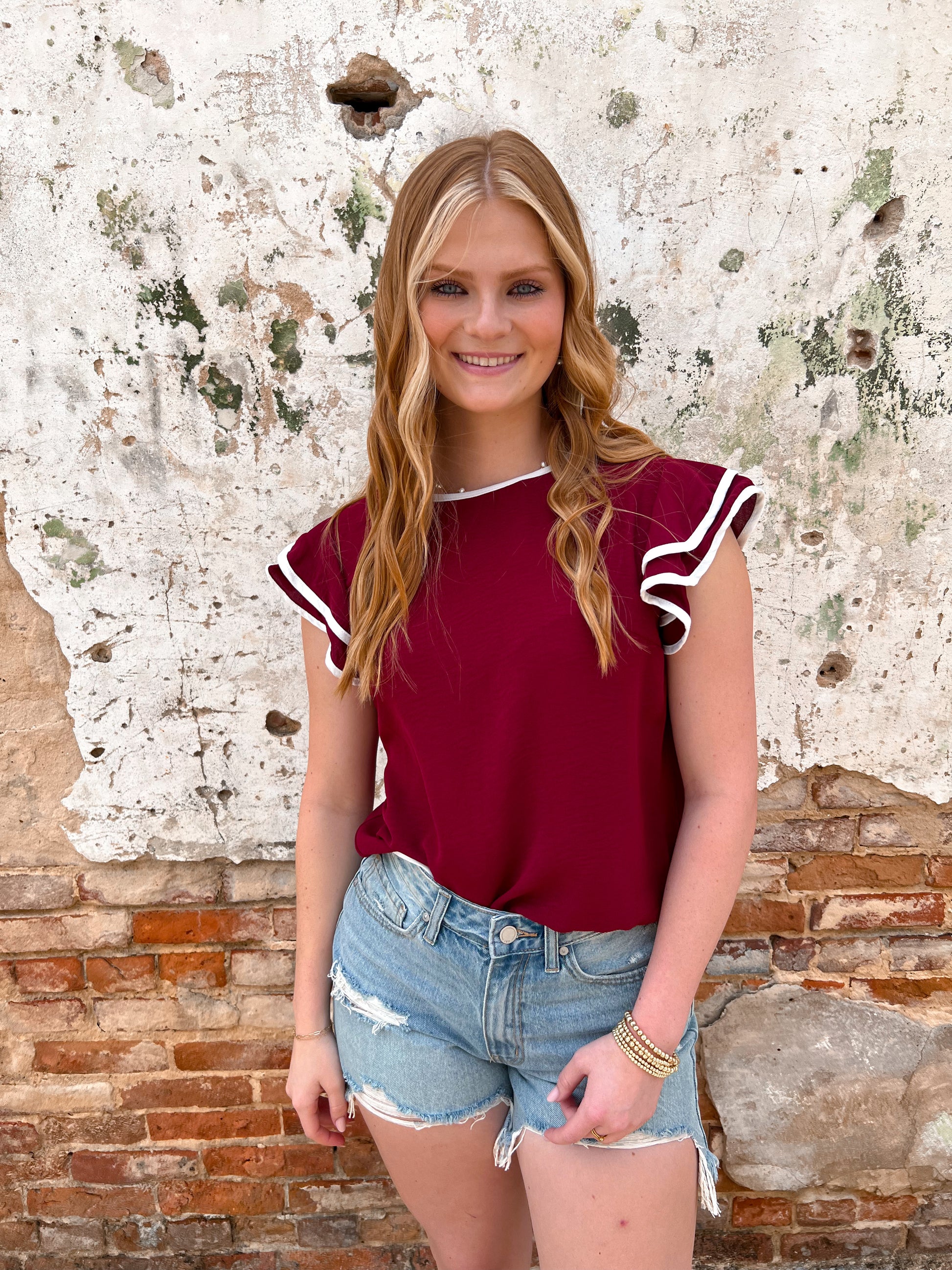 Maria Ruffle Sleeve Contrast Piping Top - Maroon-Apparel & Accessories-She & Sky-Bin a1, gameday, SY6057, Tops Collection-The Twisted Chandelier