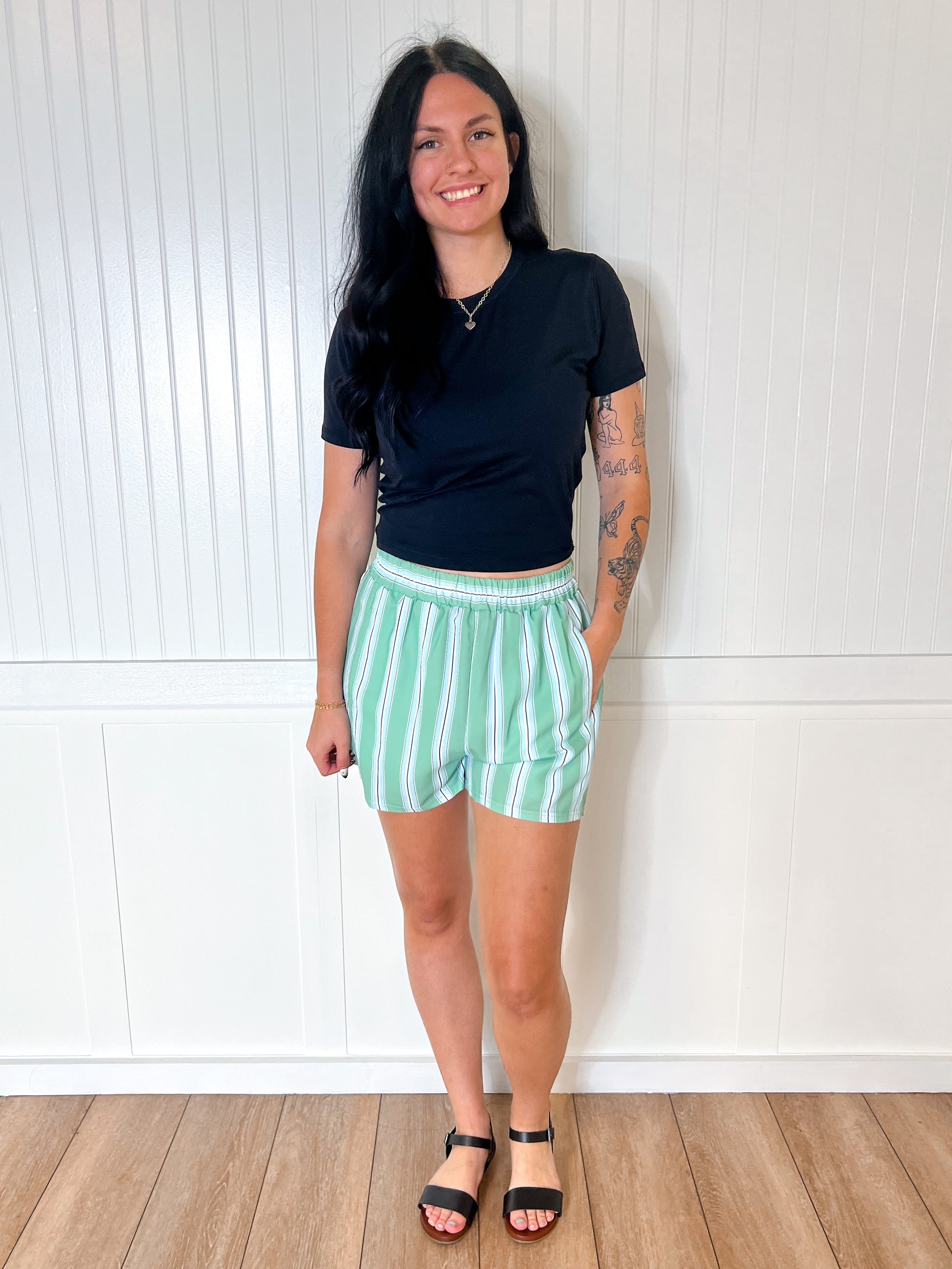 Stella Elastic Waist Boxer Shorts - Green & Blue Striped-Shorts-Rosa Clothing-11/17/24,1st md,BIN A2,bottom,FD 09/03/24,not on the floor only in the bins,OGP 34.99-The Twisted Chandelier