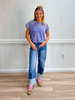 Kendall Washed Cotton Cuffed Short Sleeve Top - Marlin-Top-ZENANA-NewArrival,Tops Collection-The Twisted Chandelier