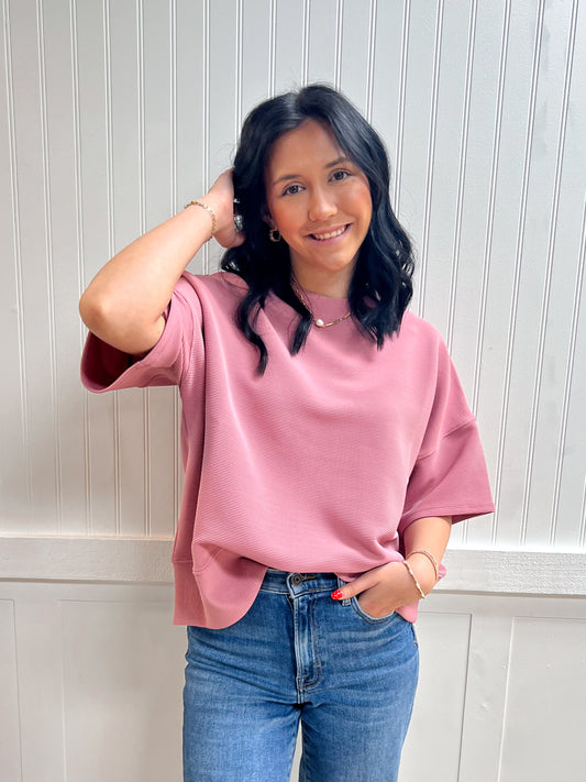 Kinsley Ribbed Round Neck Waist Banded Tee Shirts - Light Rose-Zenana-Tops Collection-The Twisted Chandelier