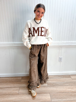 Delaney Animal Print Ruffle Hem Wide Leg Pants