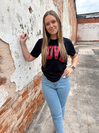 Black Arched Love Short Sleeve Embroidered Patch Tee-Graphic T-Shirt-Southern Belle Wholesale-02/03/26,BIN A5,Max Retail,Tops Collection-The Twisted Chandelier