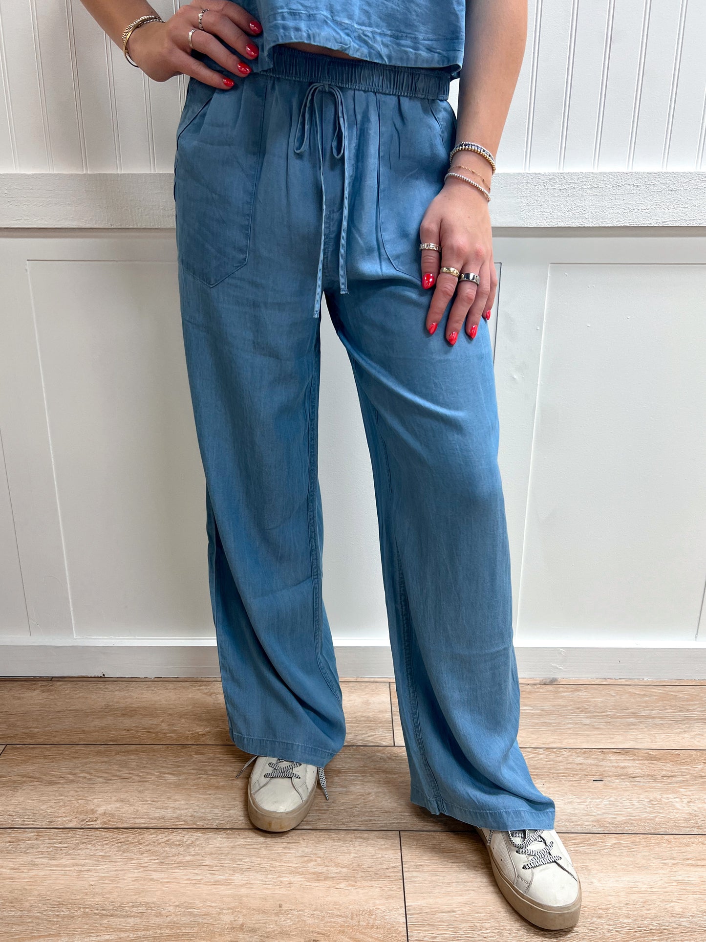 Hadley Chambray Drawstring Wide Leg Lounge Pants-Pants-Blu Pepper-bottoms,CR2967,FD 03/12/26-The Twisted Chandelier