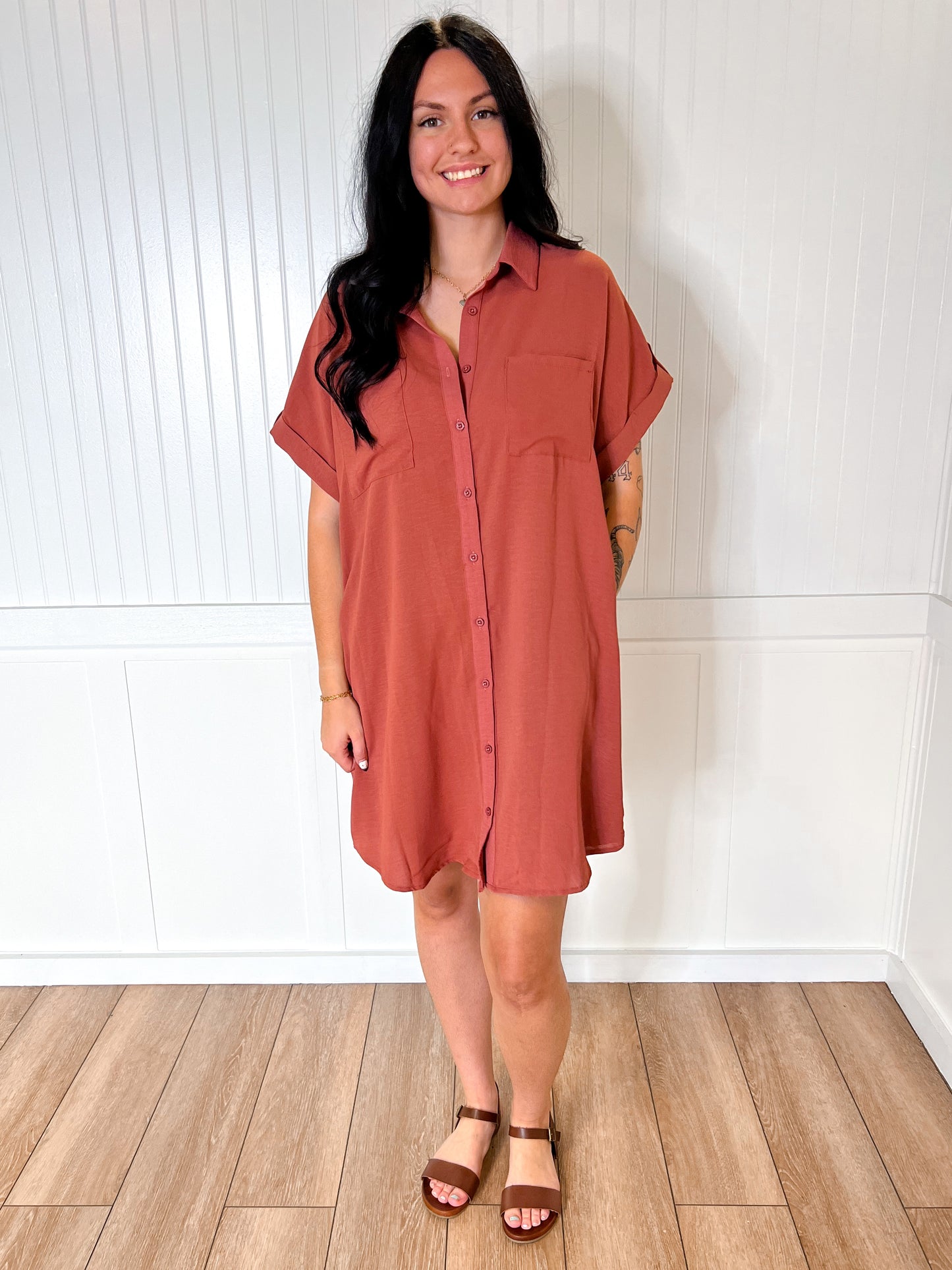 Bethany Button Up Woven Shirt Dress With Pockets-Dress-She & Sky-BIN D4,DJR,FD 08/19/25,OGP 58.99,SY6353R2-The Twisted Chandelier