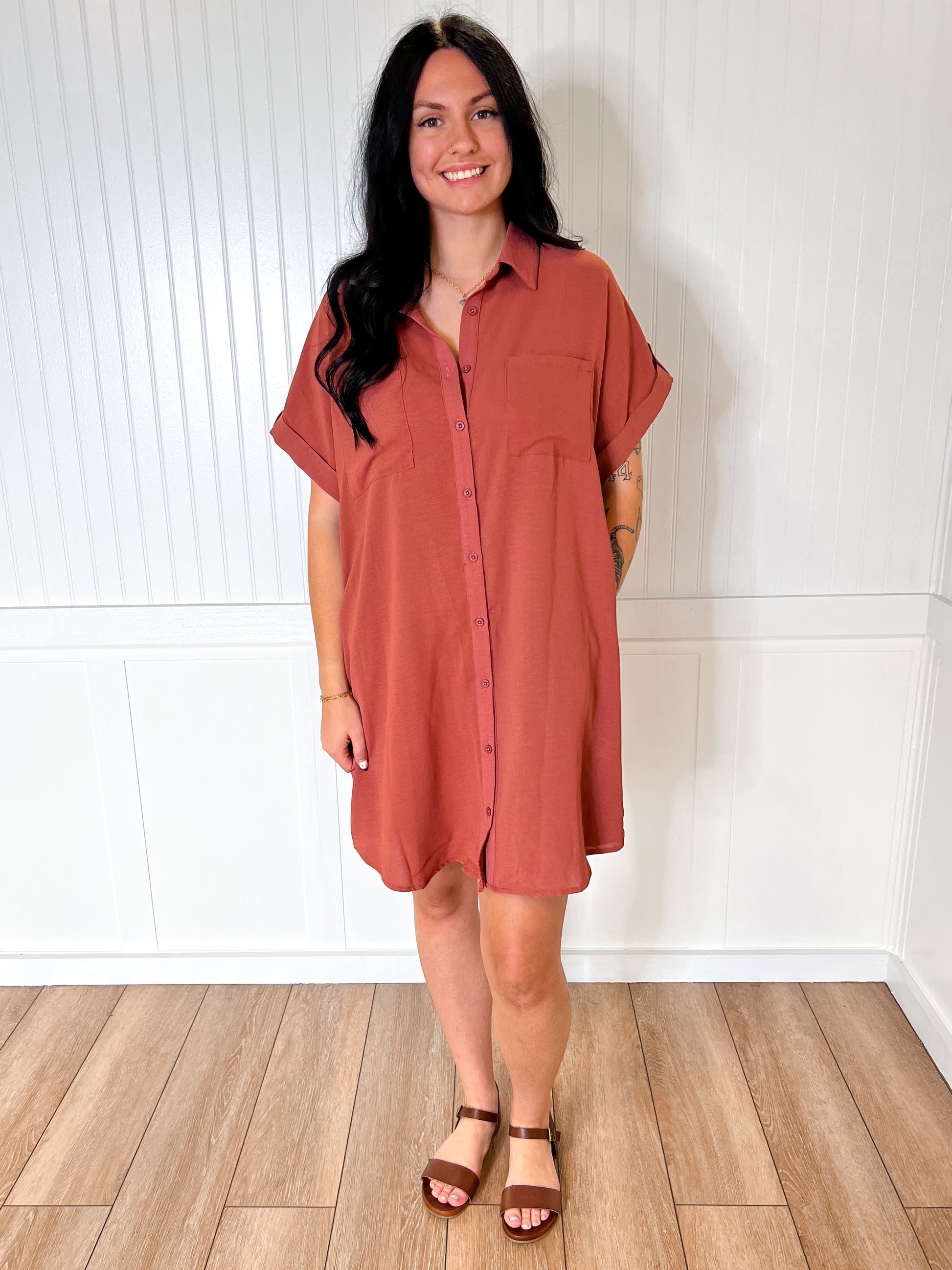 Bethany Button Up Woven Shirt Dress With Pockets-Dress-She & Sky-BIN D4,DJR,FD 08/19/25,OGP 58.99,SY6353R2-The Twisted Chandelier