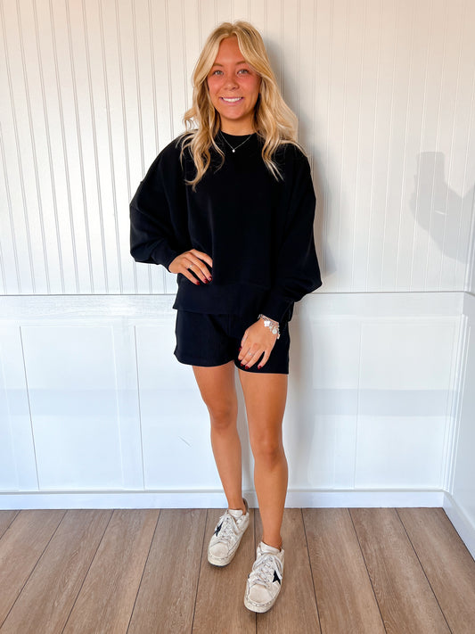 Nila Ribbed Round Neck Pullover and Short Set - Black-Zenana-The Twisted Chandelier