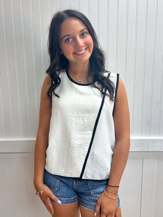 Emery Sleeveless Round Neck Woven Top with Contrasting Edge Detail