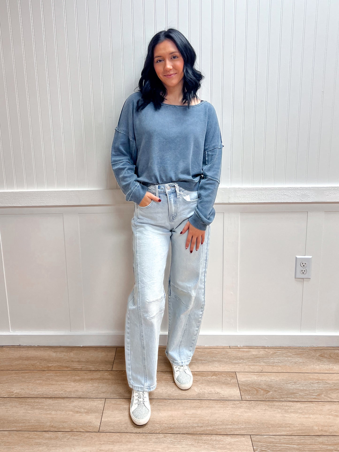 Bree Raw Edge Waffle Knit Boatneck Pullover-Mono B-FD 02/03/26,Tops Collection-The Twisted Chandelier