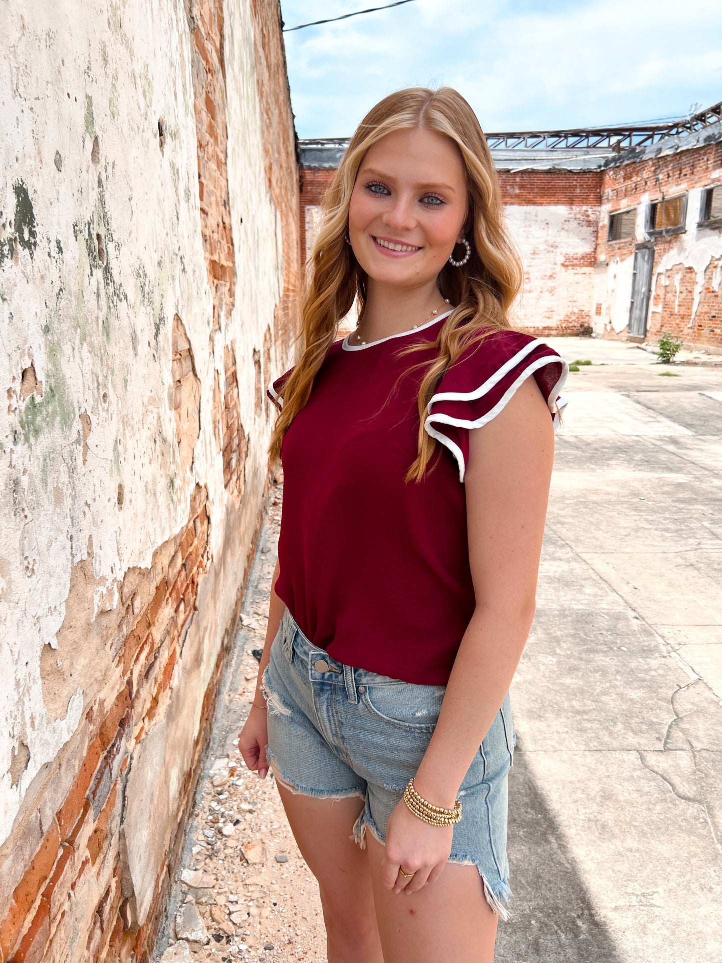 Maria Ruffle Sleeve Contrast Piping Top - Maroon-Apparel & Accessories-She & Sky-Bin a1, gameday, SY6057, Tops Collection-The Twisted Chandelier