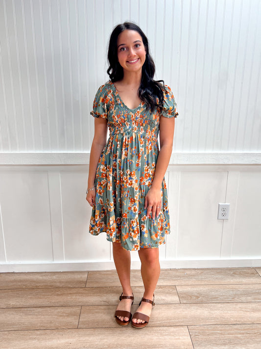 Angie V-Neck Smocked Bodice Short Sleeve Dress-Dress-ANGIE-C4507-A854,DJR,FD 04/02/26-The Twisted Chandelier