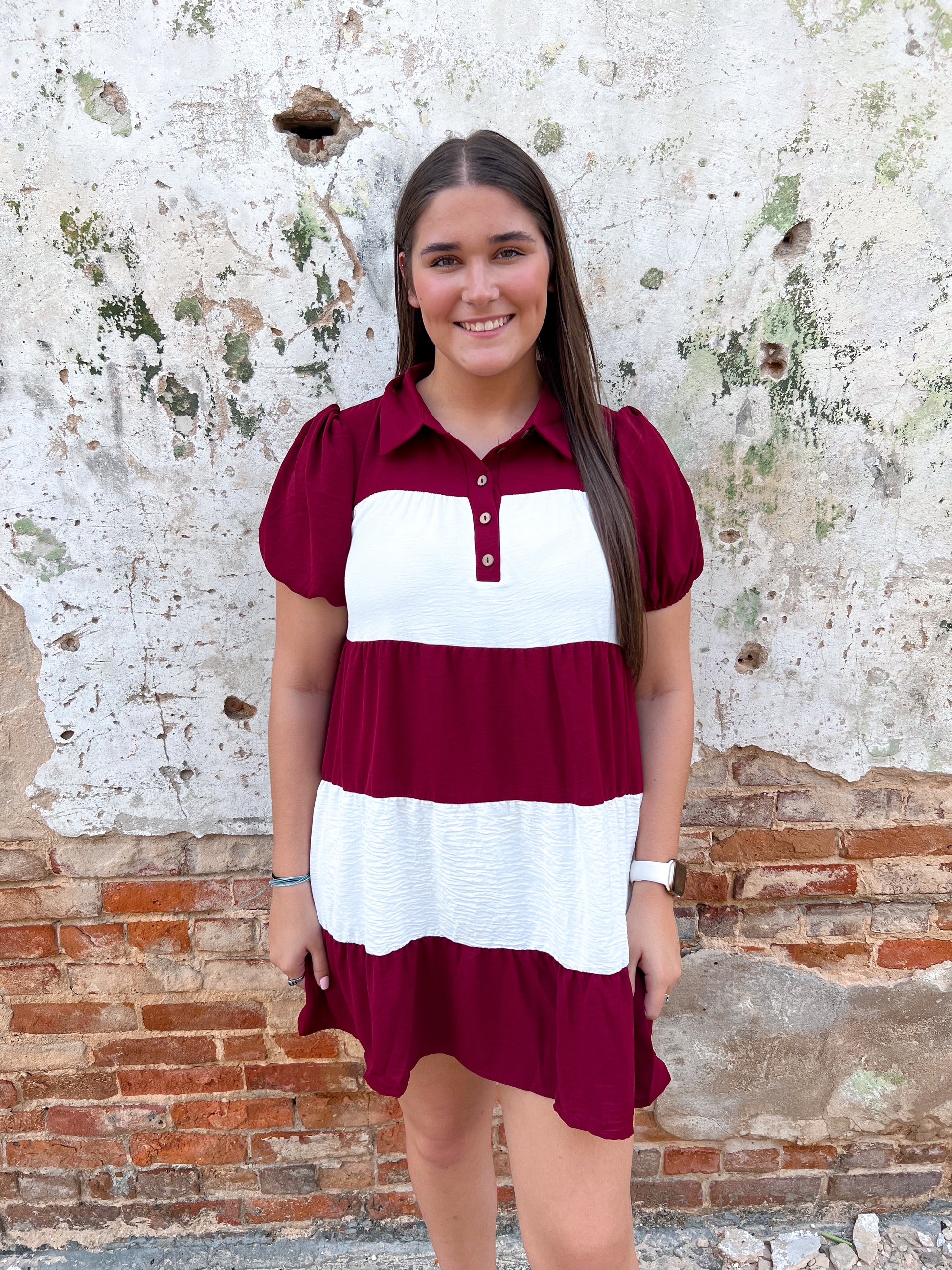 Avalynn Short Puff Sleeve Color Block Tiered Dress-Dress-She & Sky-Bin b2, gameday, SY6692-The Twisted Chandelier