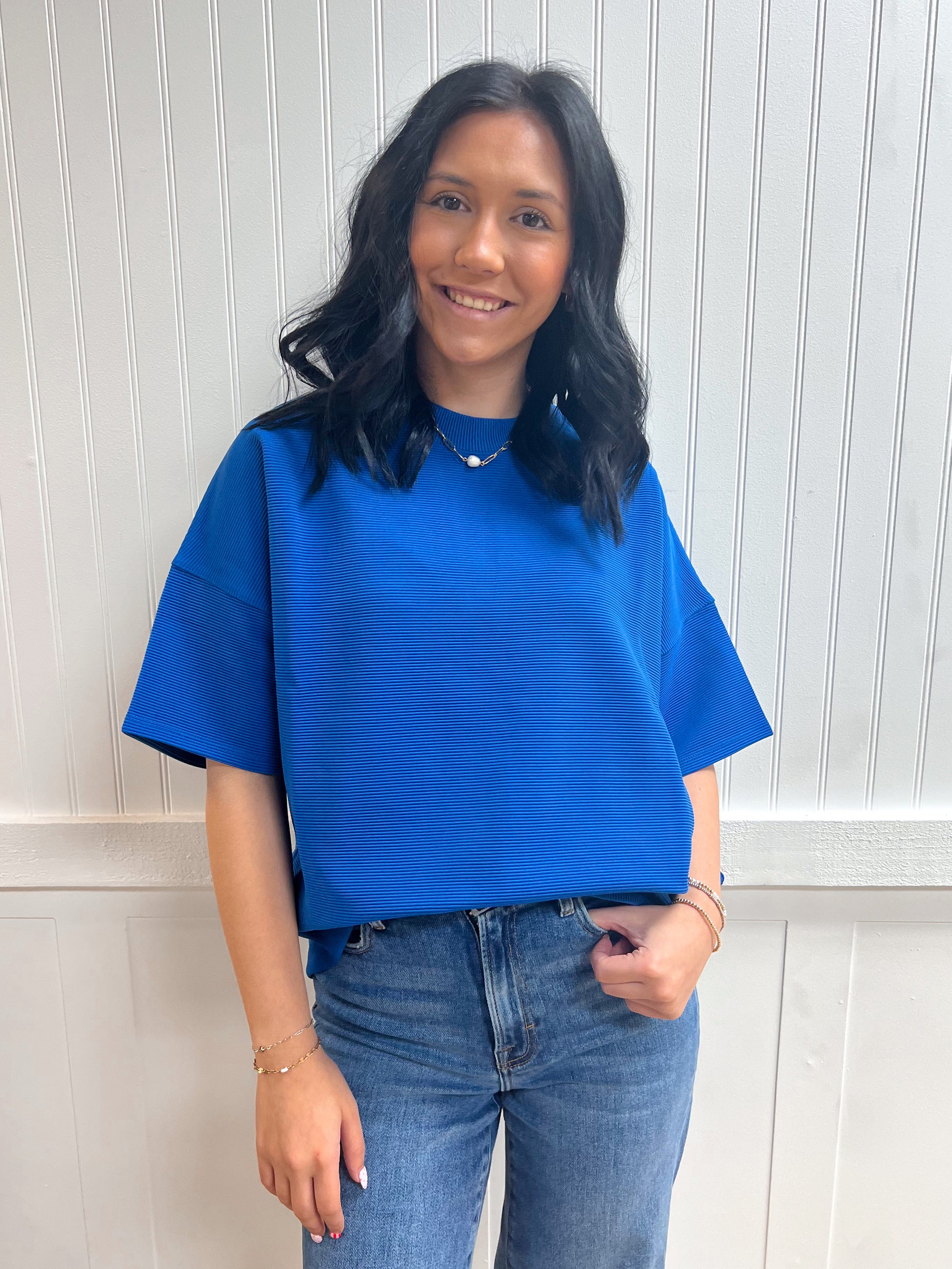 Kinsley Ribbed Round Neck Waist Banded Tee Shirts - Classic Blue-Zenana-Tops Collection-The Twisted Chandelier