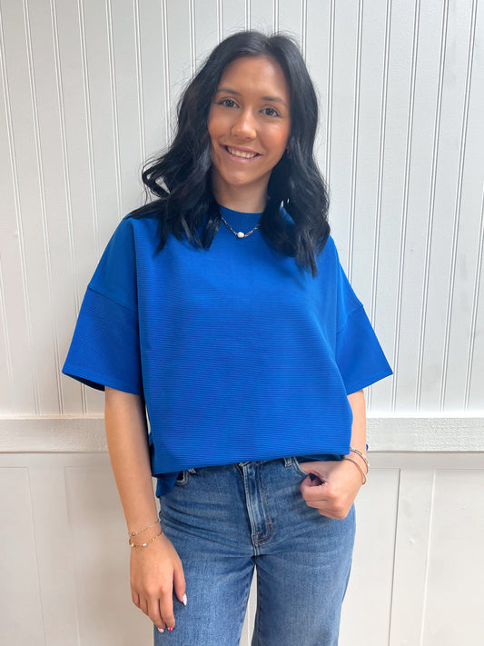 Kinsley Ribbed Round Neck Waist Banded Tee Shirts - Classic Blue-Zenana-Tops Collection-The Twisted Chandelier