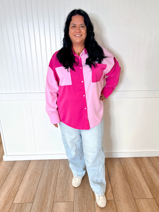 Pink Color Block Button Up Top-TOP-Southern Grace Wholesale-7660-CC-PINK,BIN D3,Tops Collection-The Twisted Chandelier