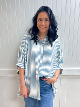 Marleigh Rayon Striped Short Sleeve Button Up Shirt-Shirts & Tops-ZENANA-FD 03/12/26,RWB,Tops Collection-The Twisted Chandelier