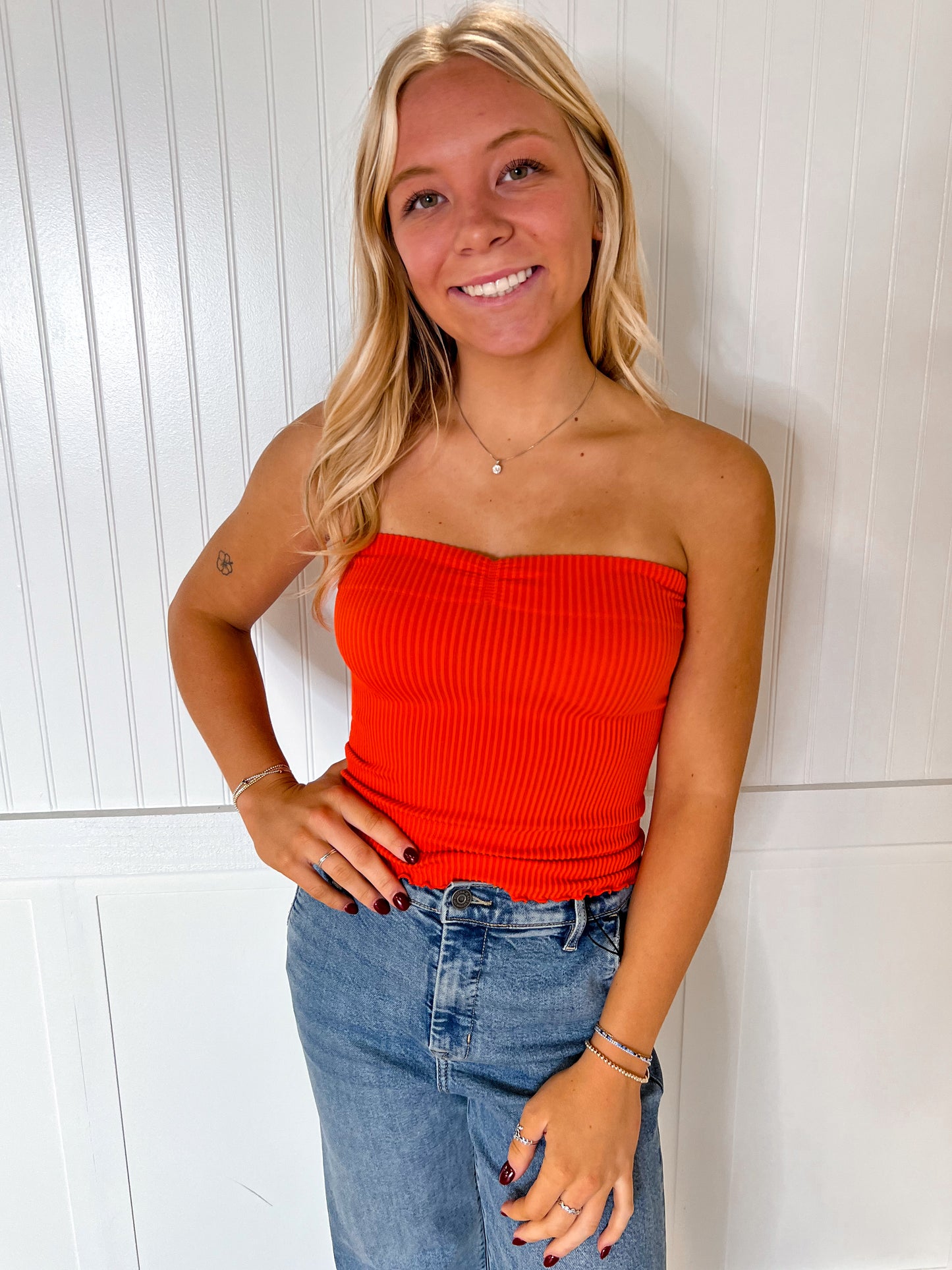 Annie Sweetheart Neckline Seamless Ribbed Tube Top - Orange-By Together-07/24/25,1st md,Bin B5,FD 6/24/25,OGP 22.50,Tops Collection-The Twisted Chandelier