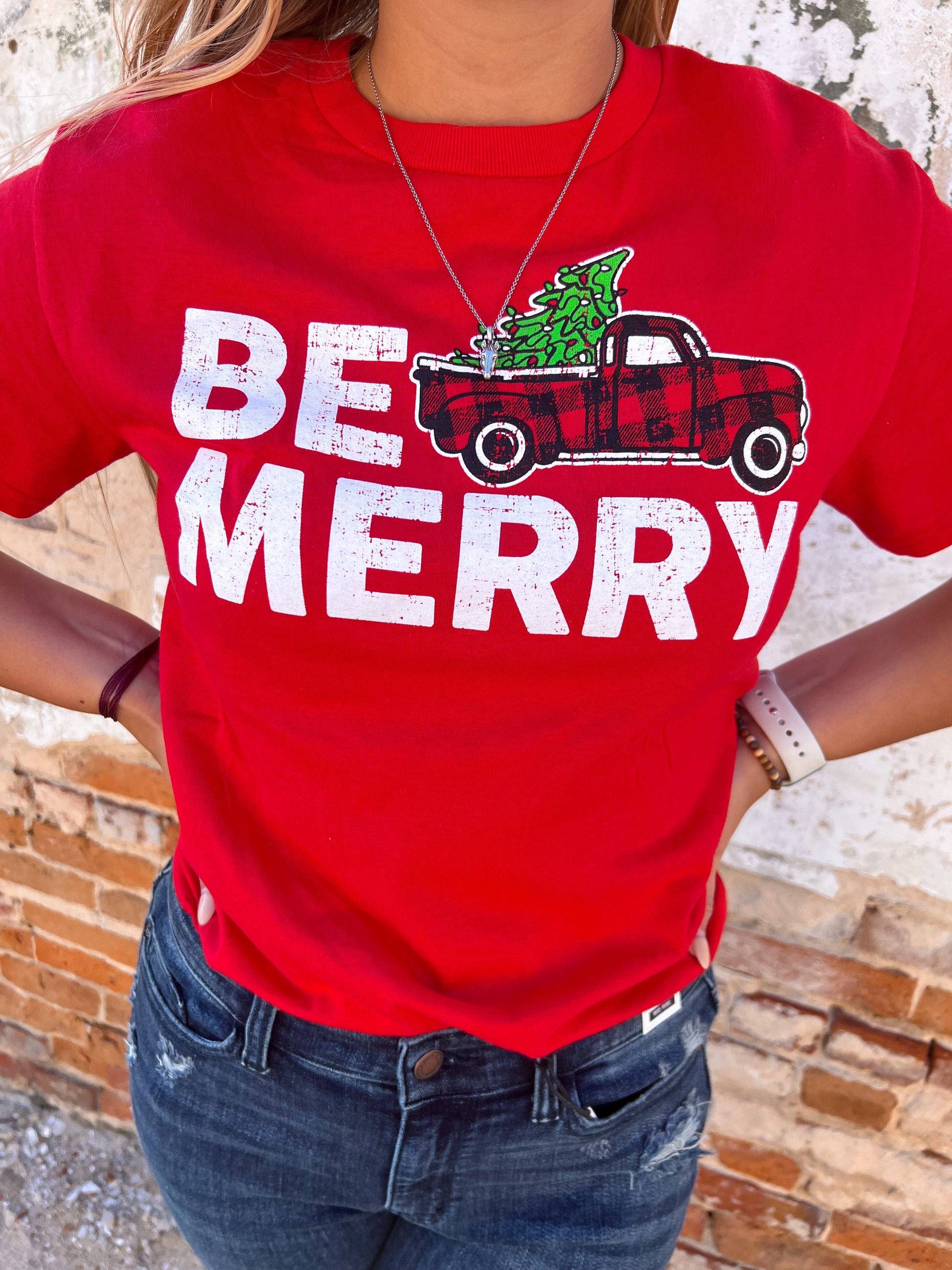 Be Merry Buffalo Plaid Truck Christmas T-Shirt-Shirts & Tops-Tees2urdoor-Bin C1, BMFCT, orange-The Twisted Chandelier