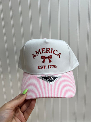 America Est. 1776 Bow Embroidered Stripe Print Two Tone Cap-Trucker Hat-David And Young-FD 04/03/26,RWB-The Twisted Chandelier