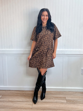 Vivi Leopard Print Short Sleeve Mini Dress-Dress-ENTRO-DJR,Fall Favorites,NewArrival-The Twisted Chandelier