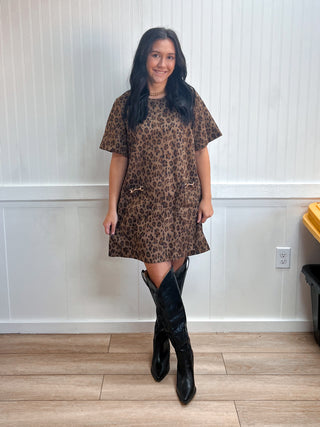 Vivi Leopard Print Short Sleeve Mini Dress-Dress-ENTRO-DJR,Fall Favorites,NewArrival-The Twisted Chandelier