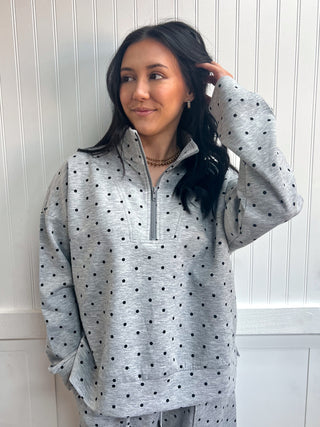 Nellie Scuba Polka Dot Half Zip Pullover-Outfit Sets-Sewn and Seen-Fall Favorites,FD 10/22/26,NewArrival,Tops Collection-The Twisted Chandelier