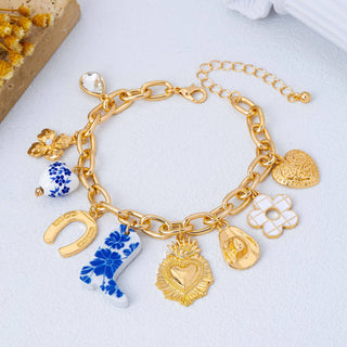 Blue & White Floral Western Charm Link Bracelet-Bracelet-JOSSLYN by wall to wall-80B1803-The Twisted Chandelier