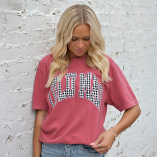 Alexa Houndstooth Adult Crimson Comfort Colors Tee-Top-Girlie Girl Originals-Tops Collection-The Twisted Chandelier