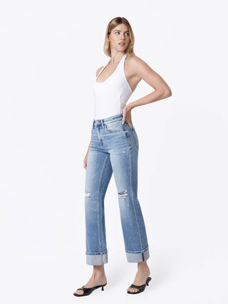 Darcy High Rise Distressed Cuffed Slim Wide Jeans-Pants-FLYING MONKEY-bottoms,F9205-The Twisted Chandelier