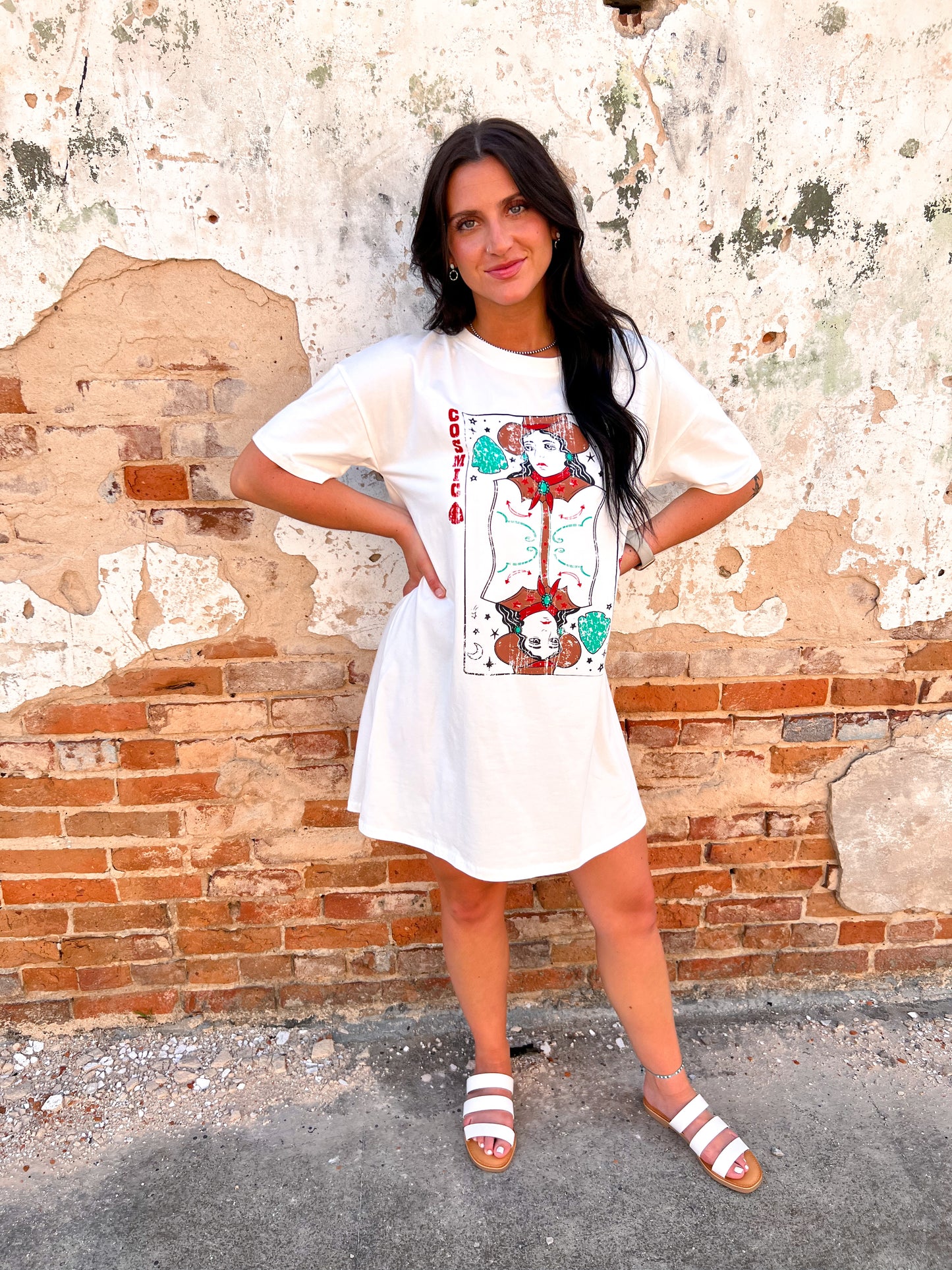 Cosmic Cowgirl On White Tee-Dress-Southern Grace Wholesale-8/8/23, Max Retail-The Twisted Chandelier
