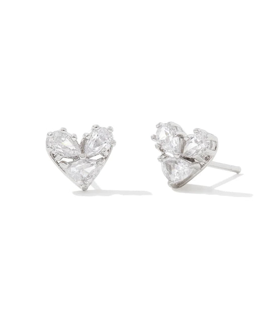 Kendra Scott Katy Heart Stud Earrings Silver White CZ-Earrings-Kendra Scott-E00308RHD-The Twisted Chandelier