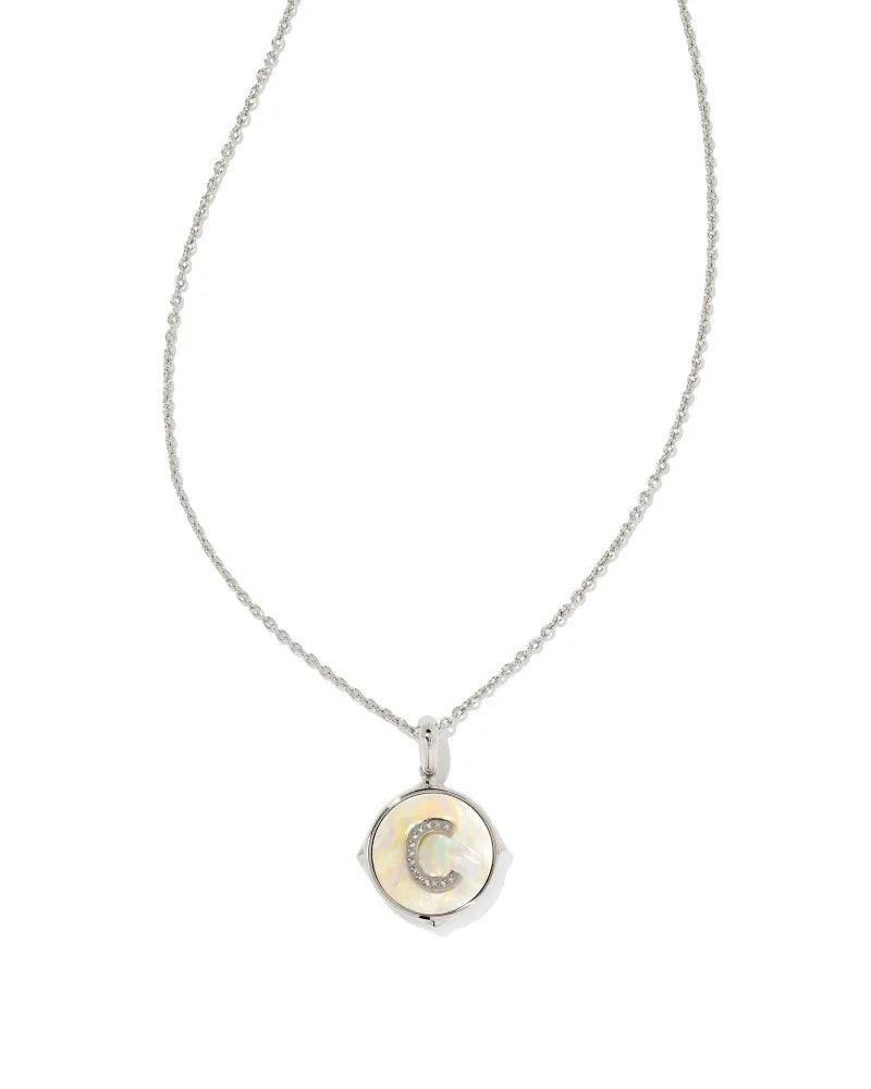 Kendra Scott Letter C Disc Pendant Necklace Rhodium Iridescent Abalone-Necklaces-Kendra Scott-N1800RHD-The Twisted Chandelier