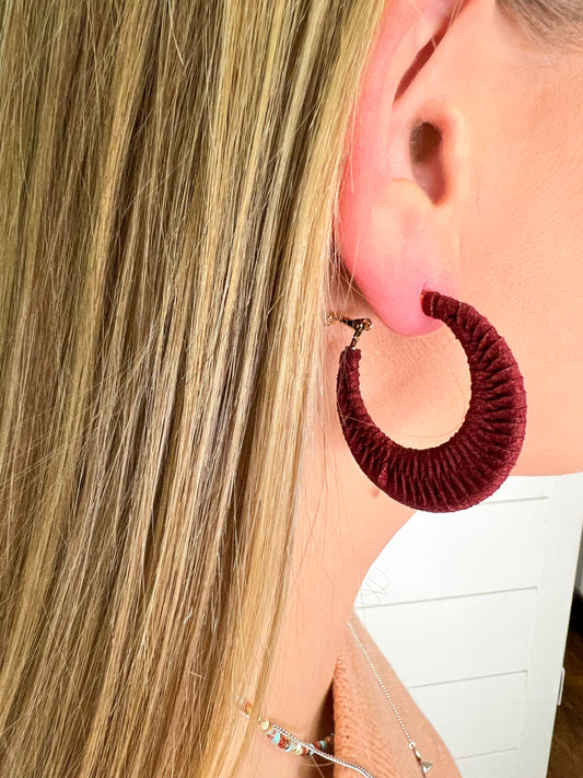 Suede Wrapped Hoop Earrings - Burgundy-Earrings-Kenze Pannee-The Twisted Chandelier