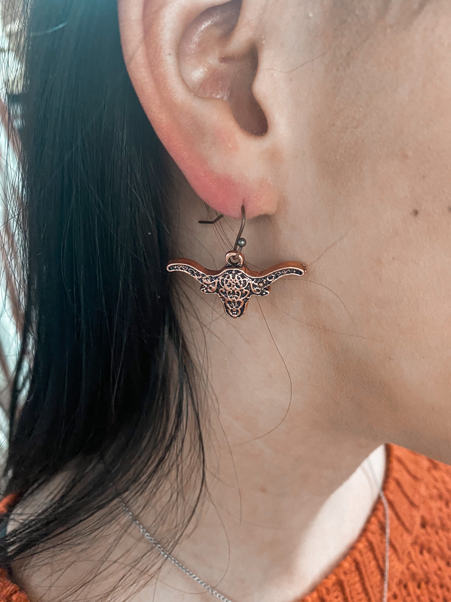 Copper Longhorn Earrings-Earrings-Isac Trading-721320,FEB2022-The Twisted Chandelier