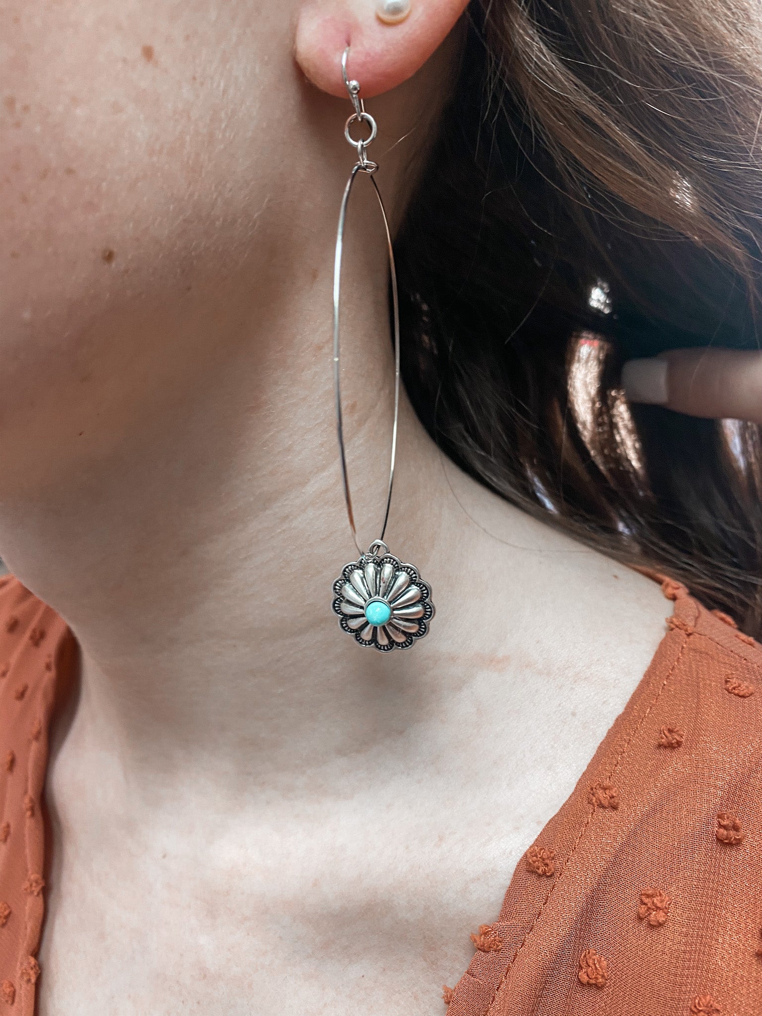 Boho Concho Natural Turquoise Hoop Earrings-Earrings-Isac Trading-722276,FEB2022,western & concert-The Twisted Chandelier